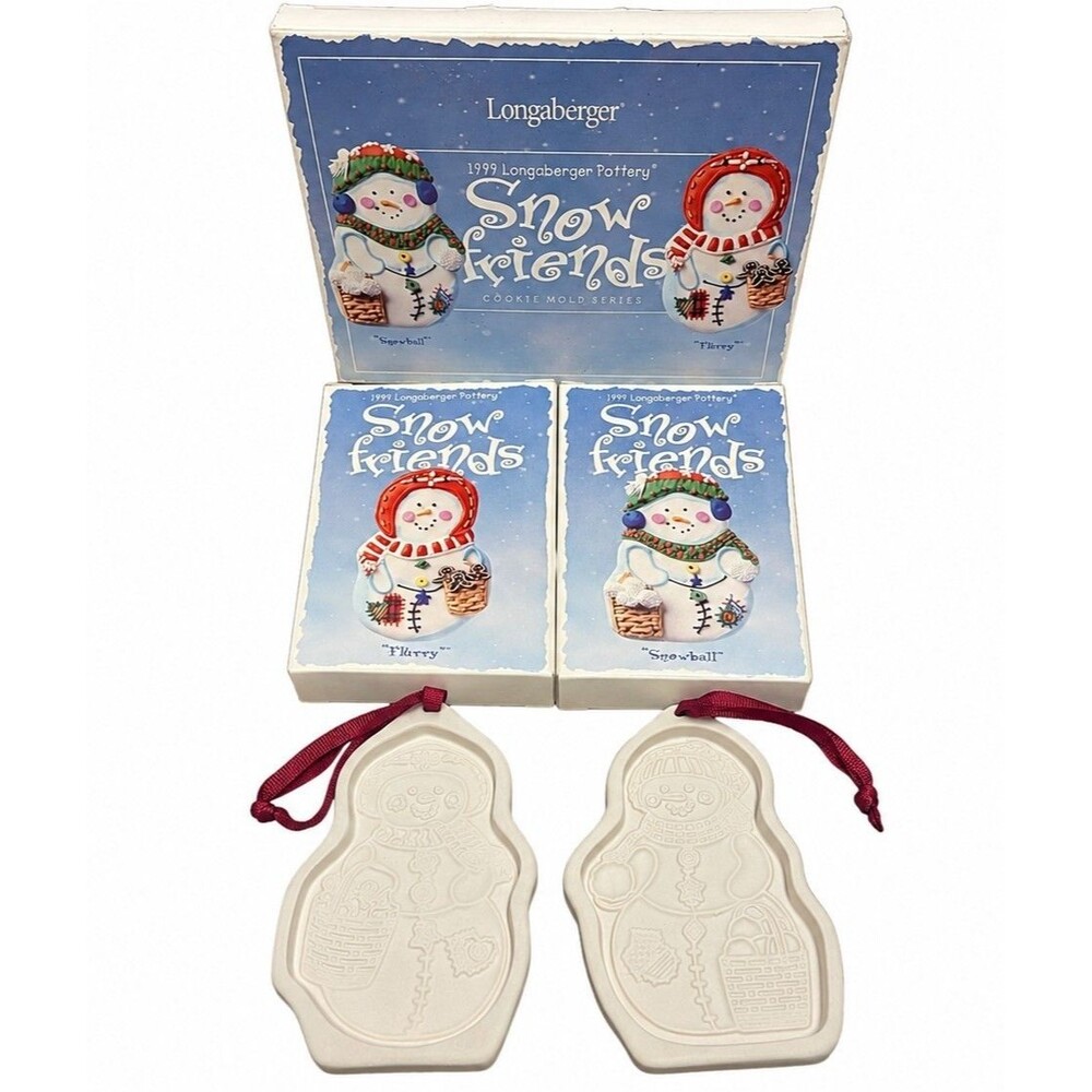 Longaberger 1999 Snow Friends Pottery Cookie Mold Set Flurry Snowball w/ Boxes